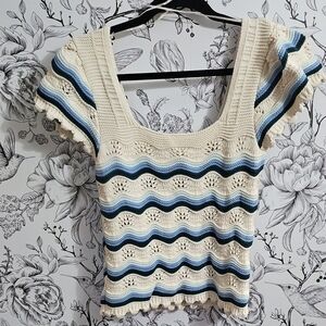 Jessica Simpson Crochet Blouse with Cream and Blue Waves 100% Cotton